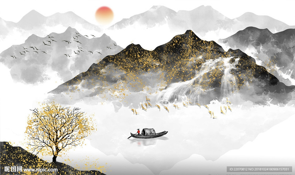 中式流水生财水墨山水画背景墙