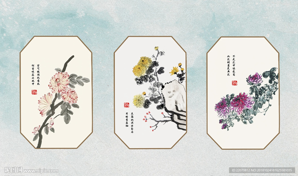 中式菊花花枝沙发装饰背景墙