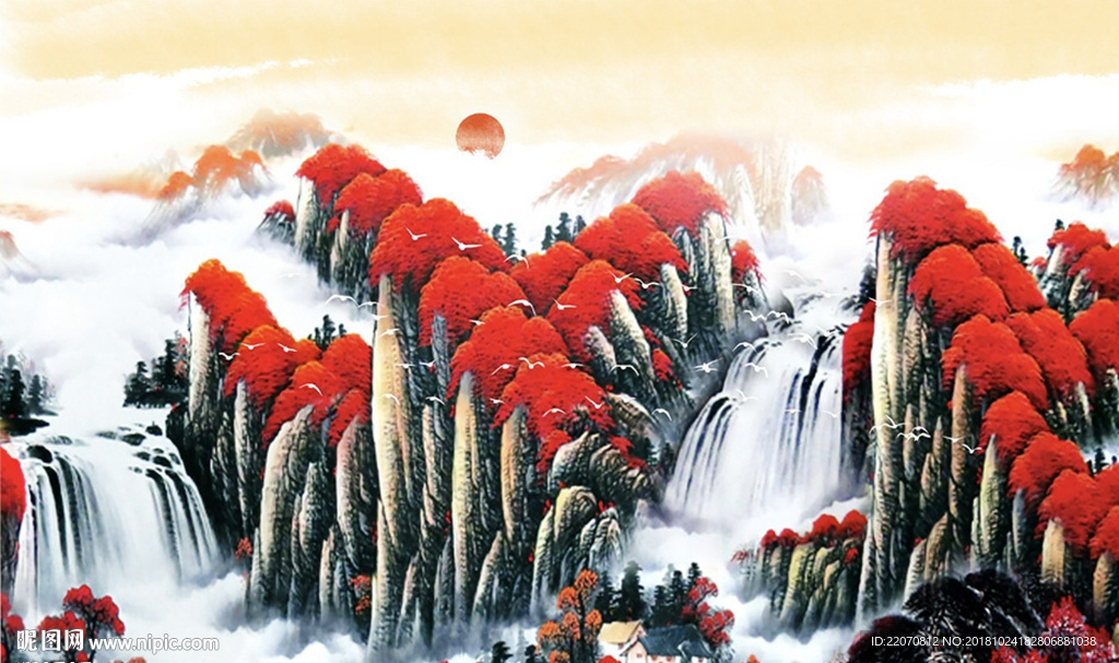 中式鸿运当头山水风景画背景墙