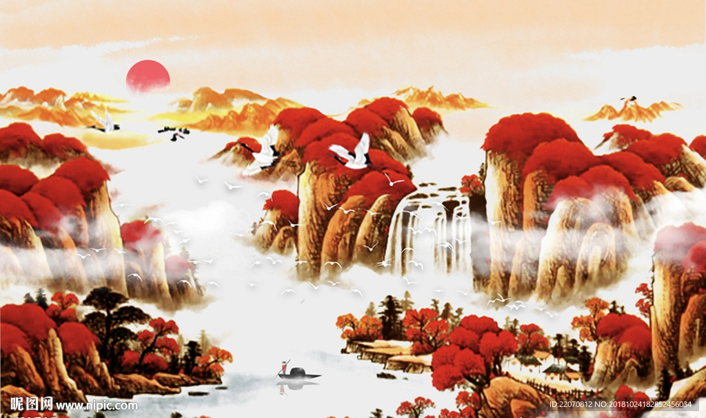 中式国画高山流水背景墙