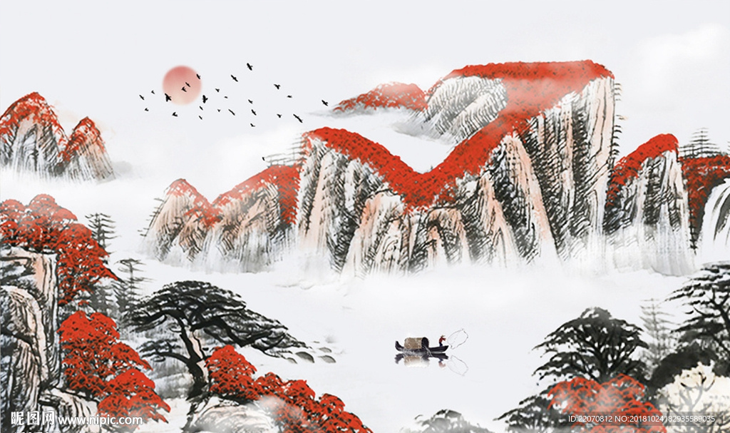 流水生财山水画背景墙