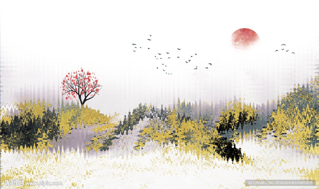 抽象意境水墨日出山水背景墙