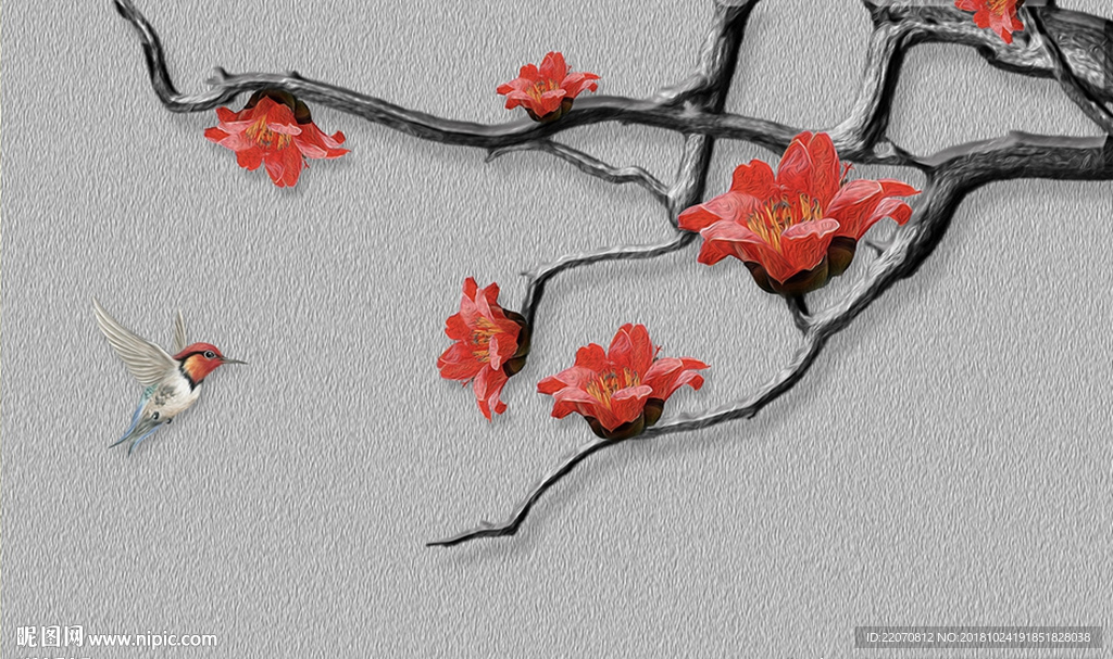 立体玉兰花小鸟装饰背景墙