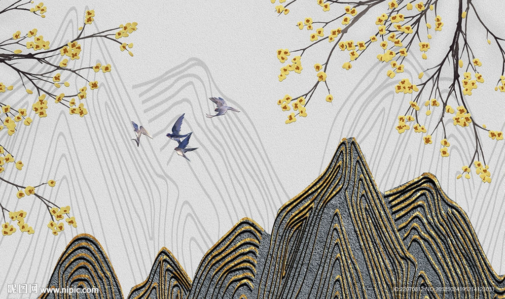 现代风创意金色山峦飞鸟花枝背景