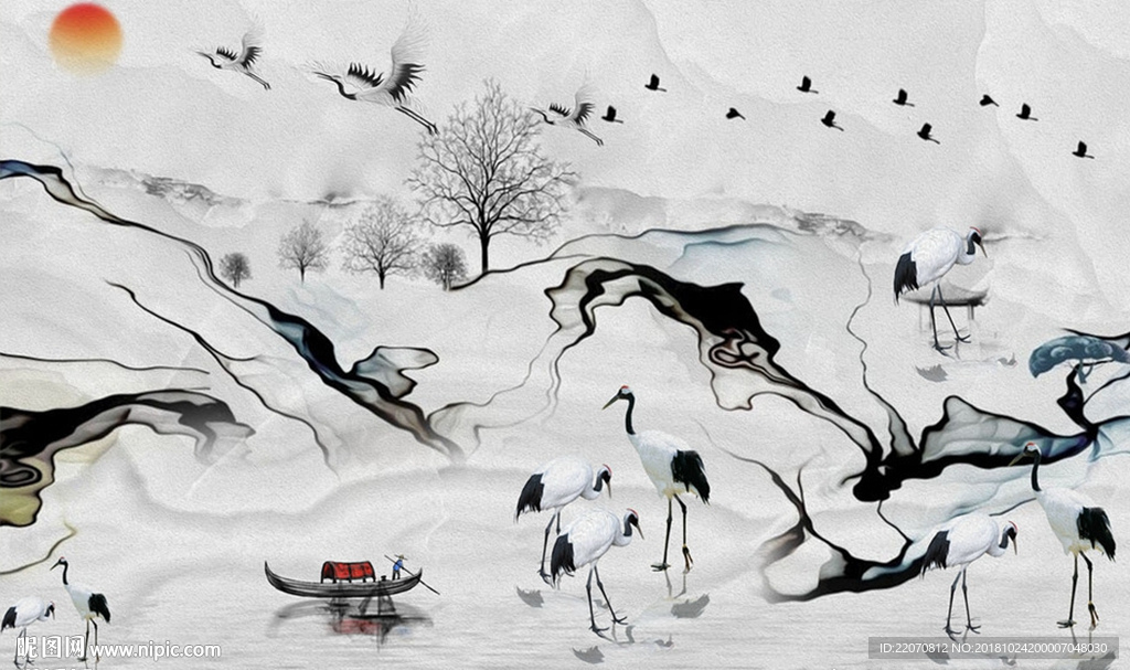 现代抽象山水白鹤背景墙