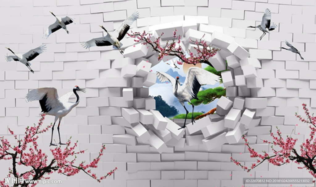 创意石砖山水画梅花白鹤背景墙