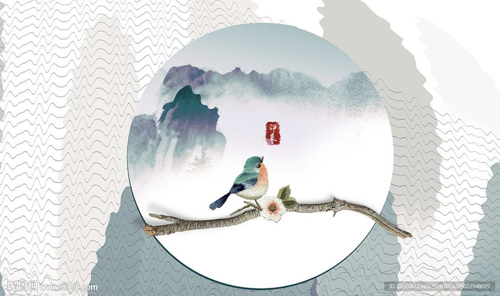 现代风纹理山水树枝小鸟背景墙