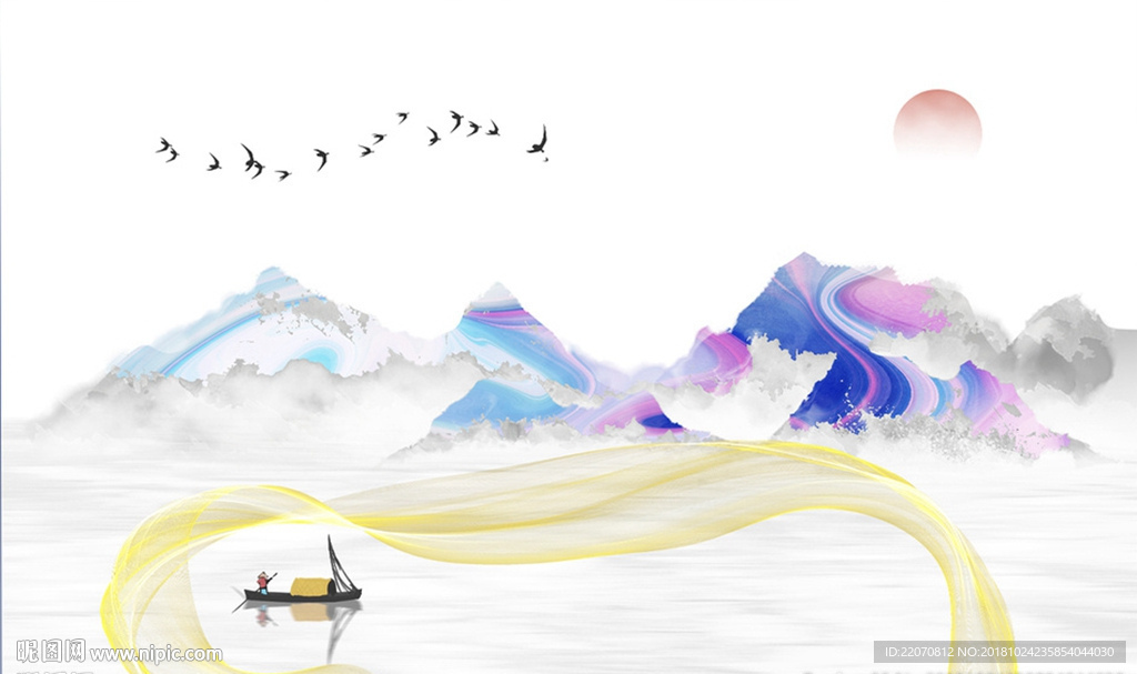 中式水墨抽象山水日出飞鸟背景墙