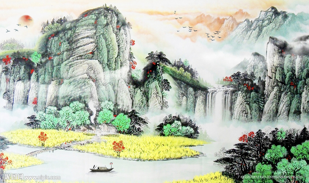 中国风山水风景瀑布背景墙
