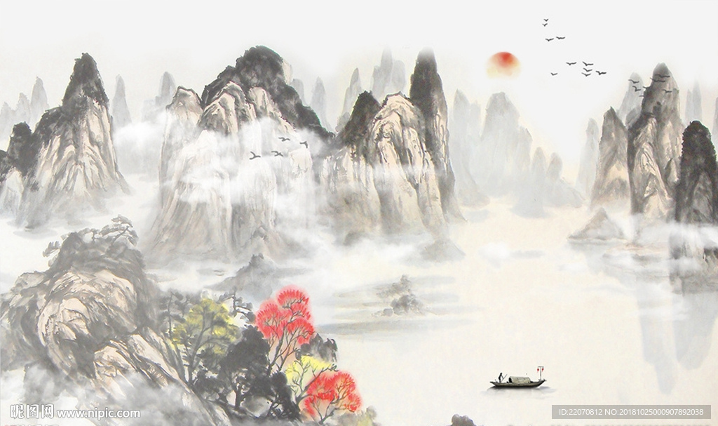 中国风水墨山水流水生财背景墙