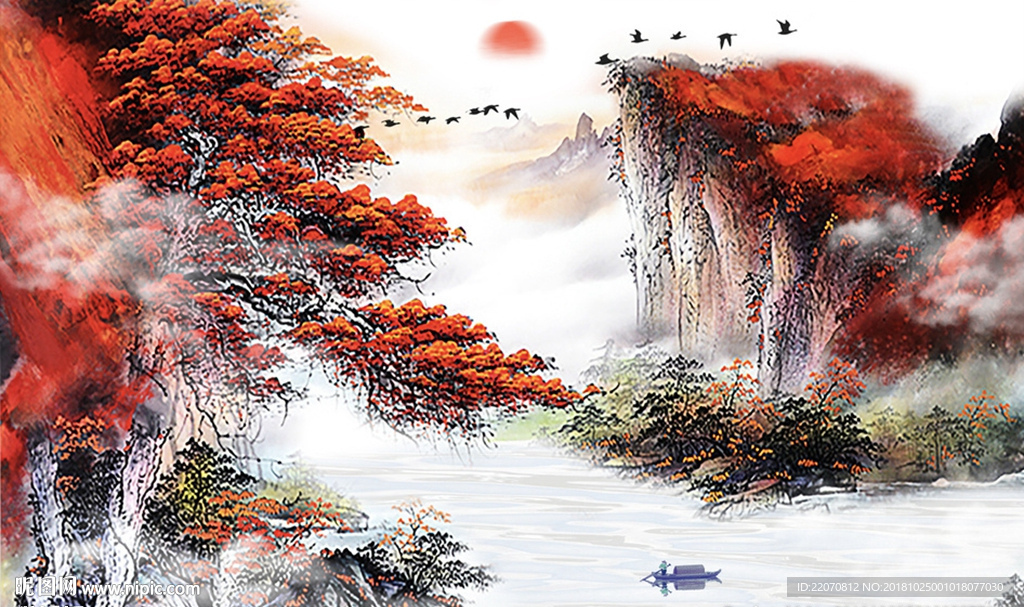 中国风水墨山水画鸿运当头背景墙