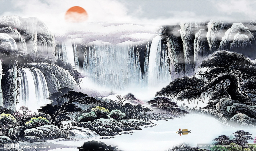 中国风流水生财山水瀑布背景墙