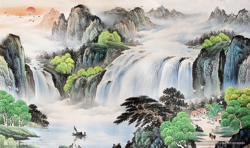 中国风流水生财瀑布背景墙