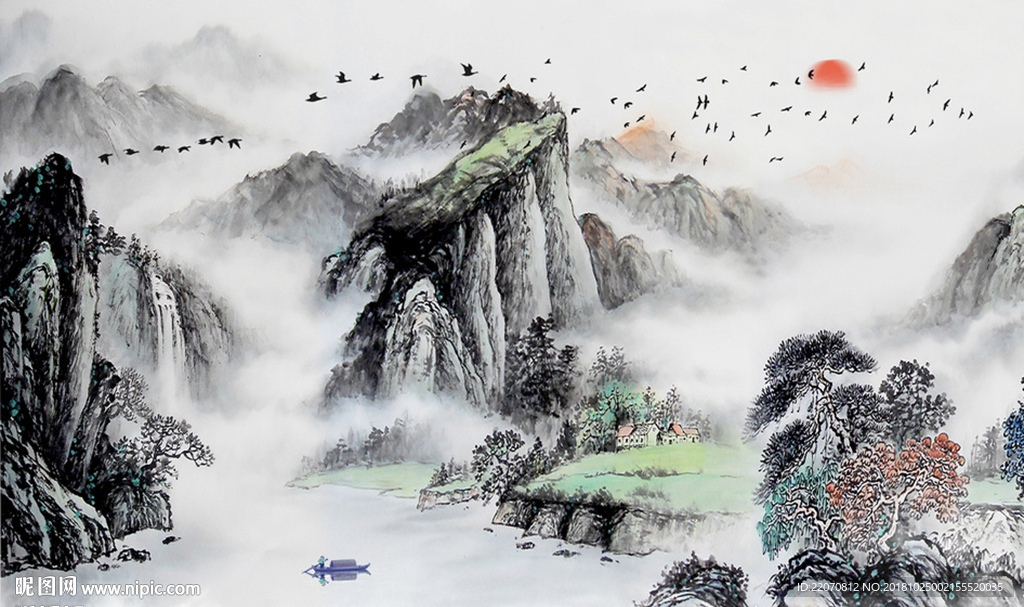 中国风流水生财鸿运当头背景墙