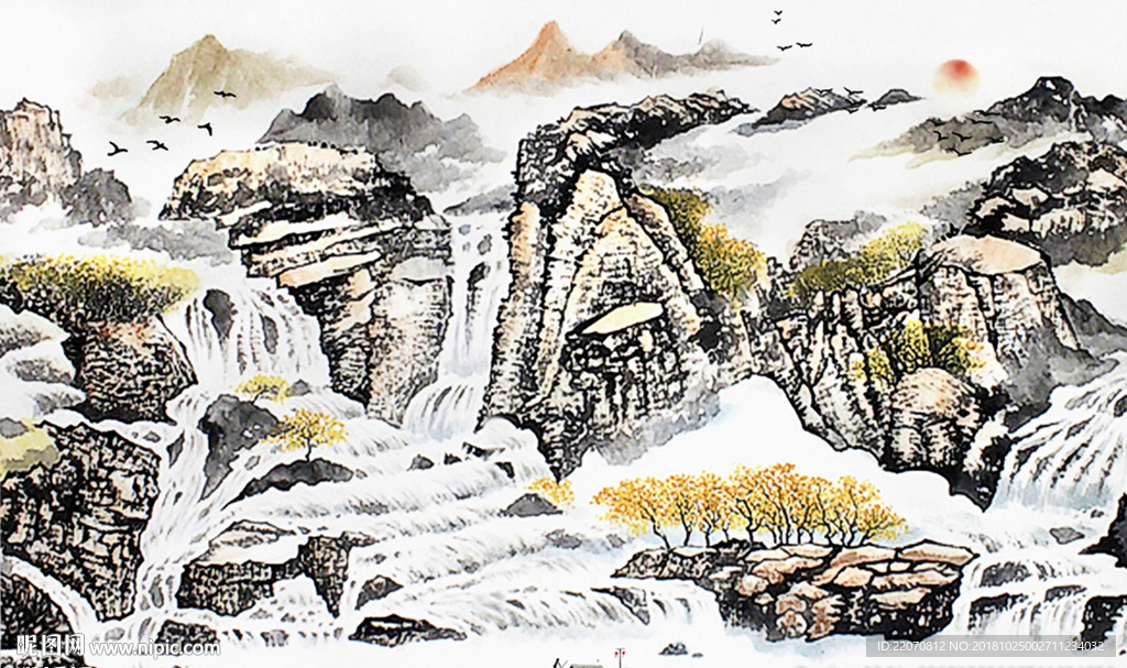 中国风国画山水瀑布流水生财背景