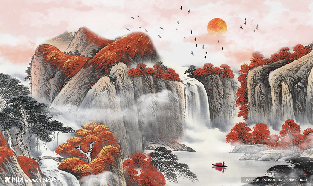 中国风山水画背景墙