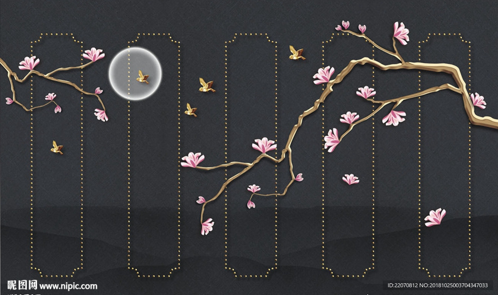 水墨山粉色花枝金箔背景墙