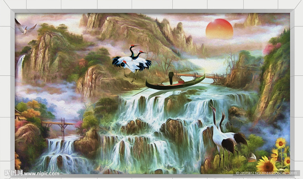 唯美山水画流水生财白鹤背景墙