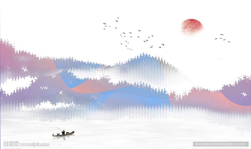 水墨抽象山水日渔船背景墙