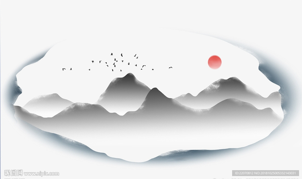 中式水墨抽象山飞鸟背景墙