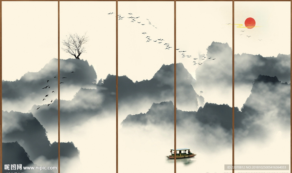 中式手绘山水水墨创意背景墙