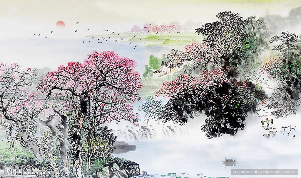 中式流水生财水墨山水背景墙
