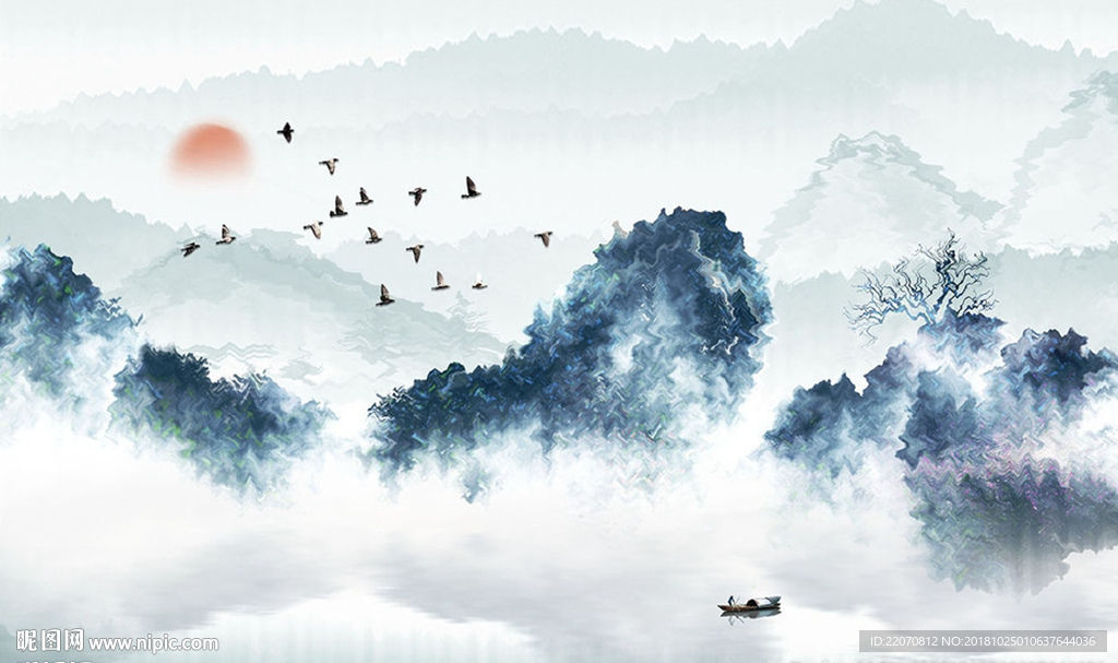 中式蓝色创意波纹山峦背景墙