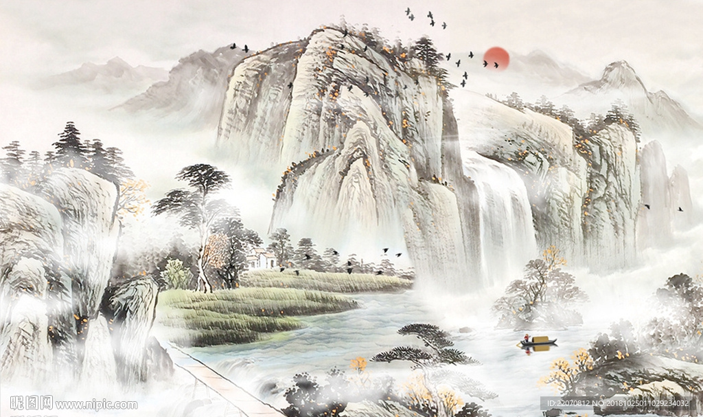 中式国画水墨山水流水生财背景墙