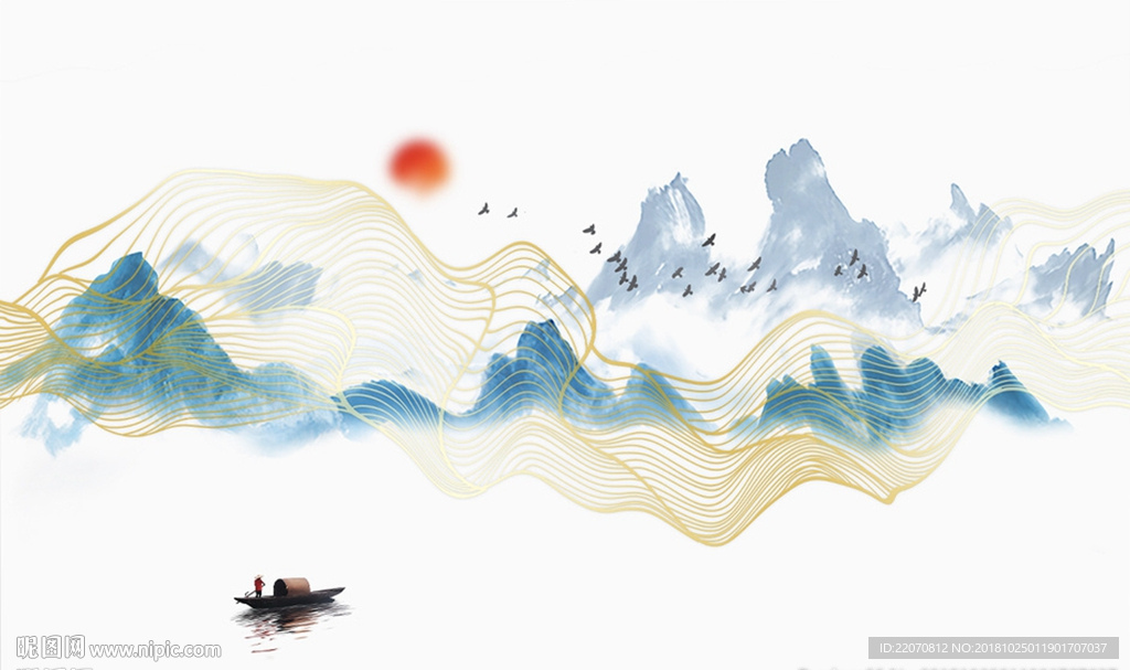 中式抽象水墨山水手绘背景墙