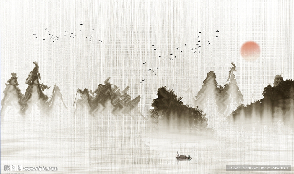 中式抽象山水飞鸟背景墙