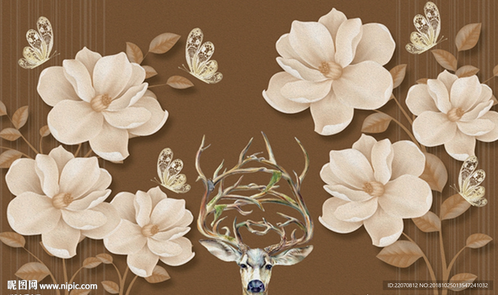 现代唯美花卉蝴蝶鹿头背景墙