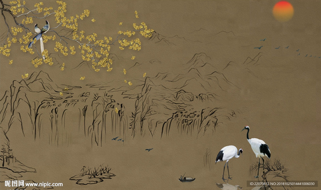 现代复古抽象山水白鹤背景墙