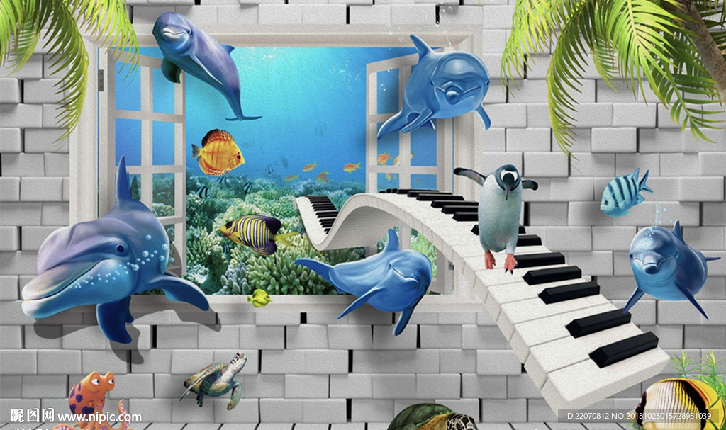 创意海底世界海豚小鱼背景墙
