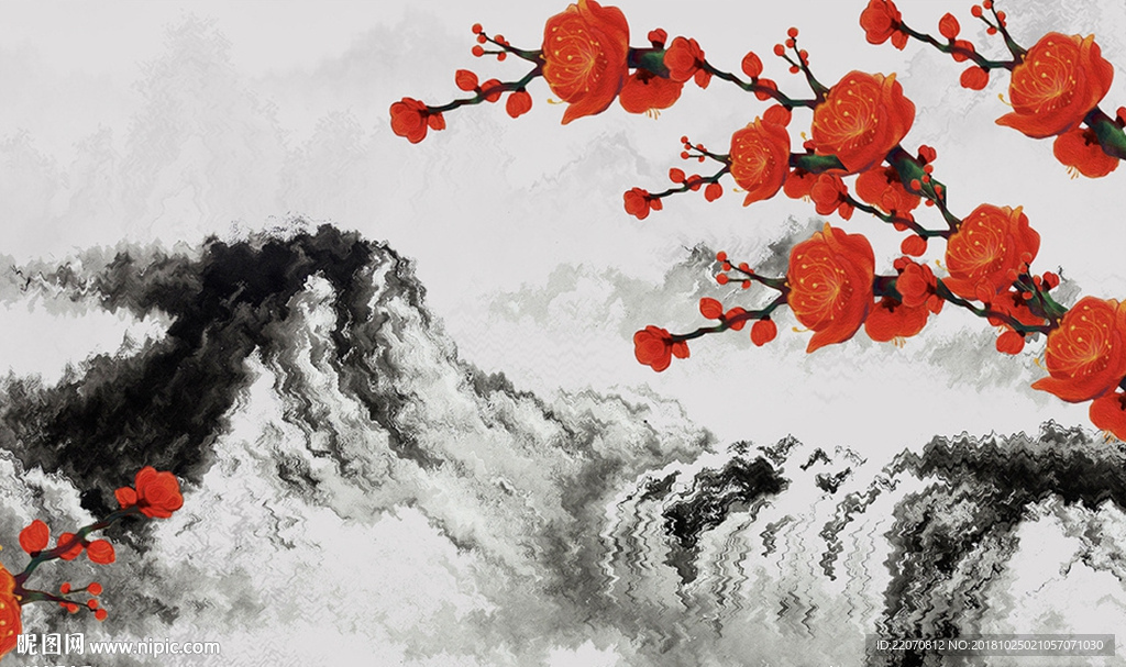红色花枝创意山峦背景墙
