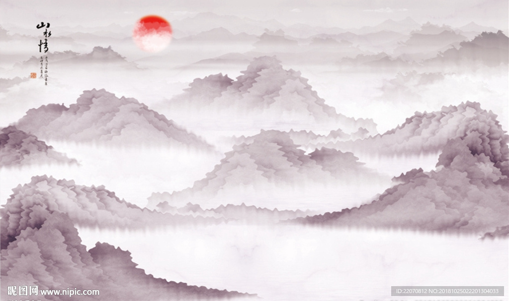 水墨山水飞鸟宁静致远背景墙