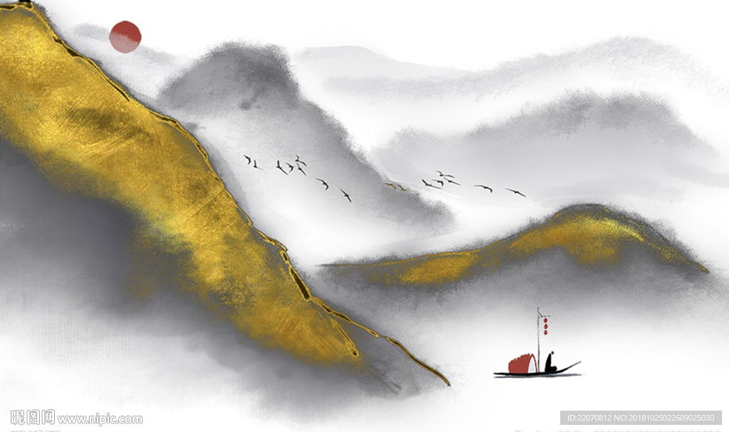 中式金山日出背景墙