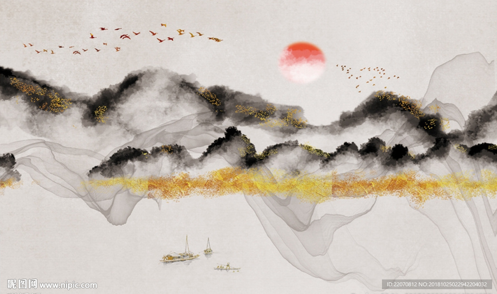 中式抽象水墨线条烟雾山水背景墙