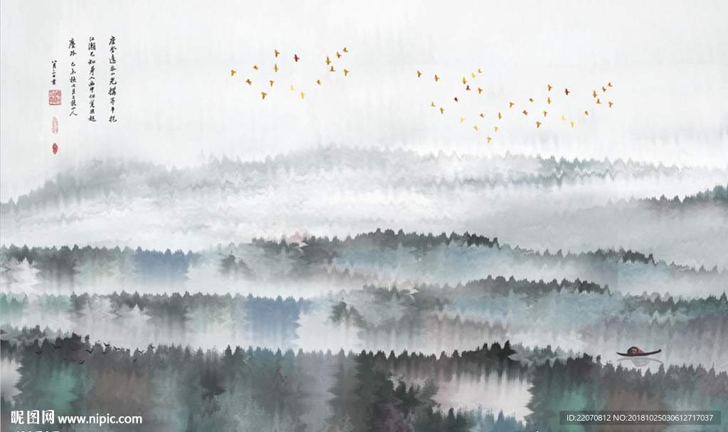简约油画墨韵山水飞鸟背景墙