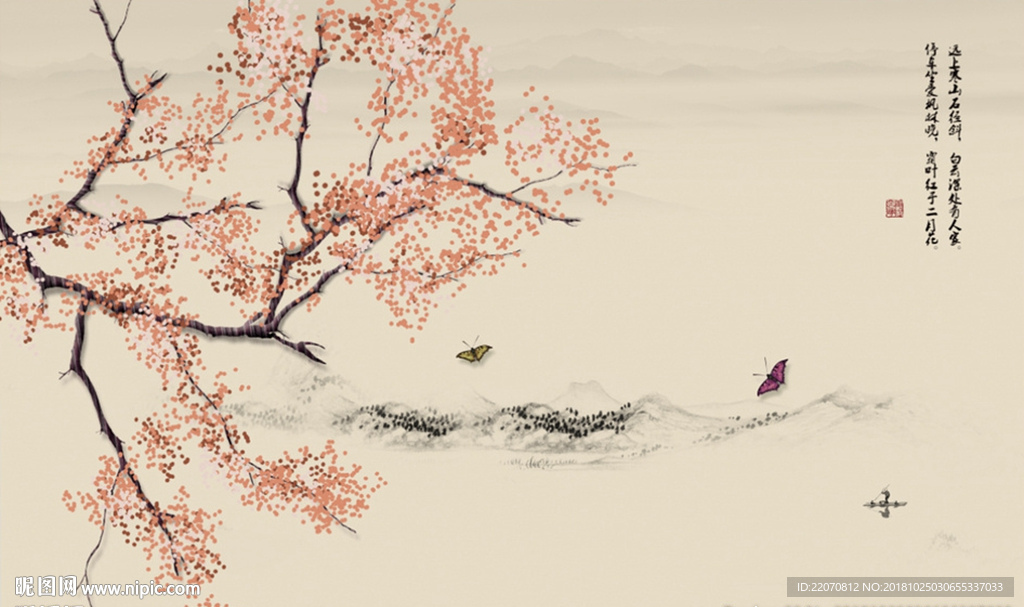 中式海棠花手绘工笔花鸟背景墙