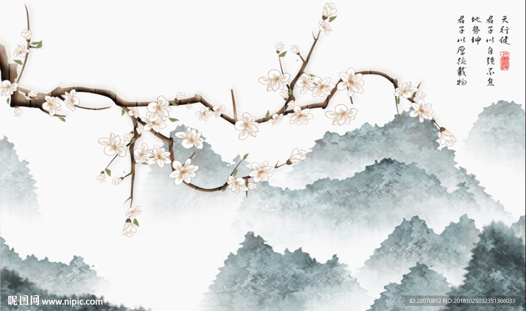 手绘工笔梅花山水背景墙