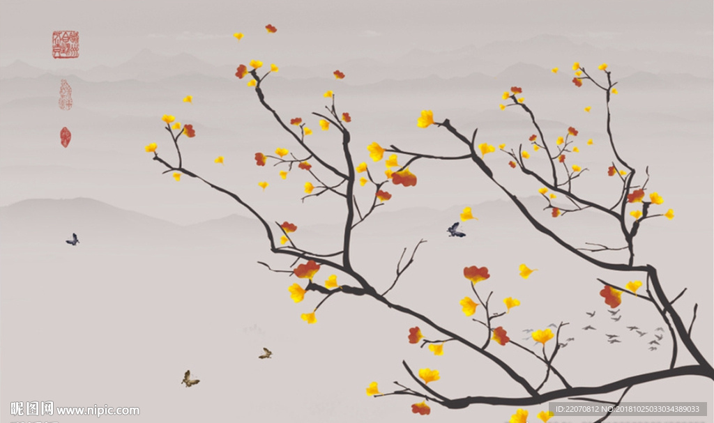 手绘银杏工笔花鸟新中式背景墙