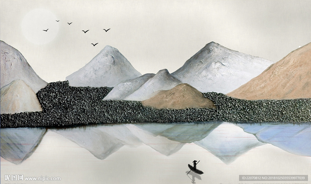 立体浮雕山体水墨鸟船背景墙