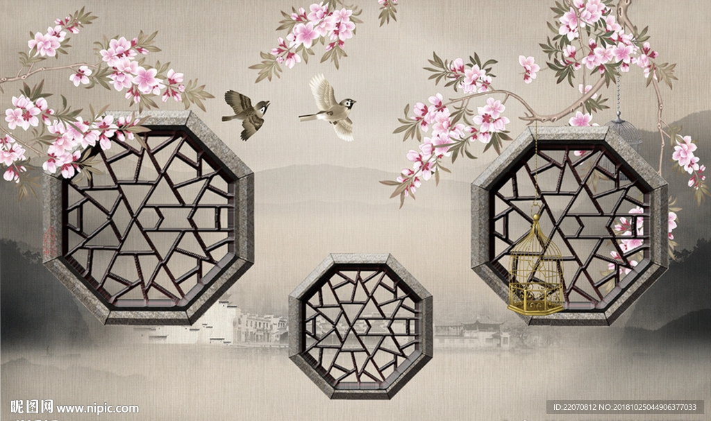 手绘花鸟古城背景墙