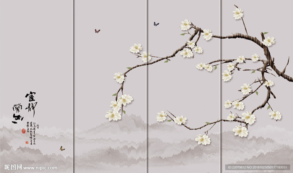 手绘玉兰工笔花鸟背景墙