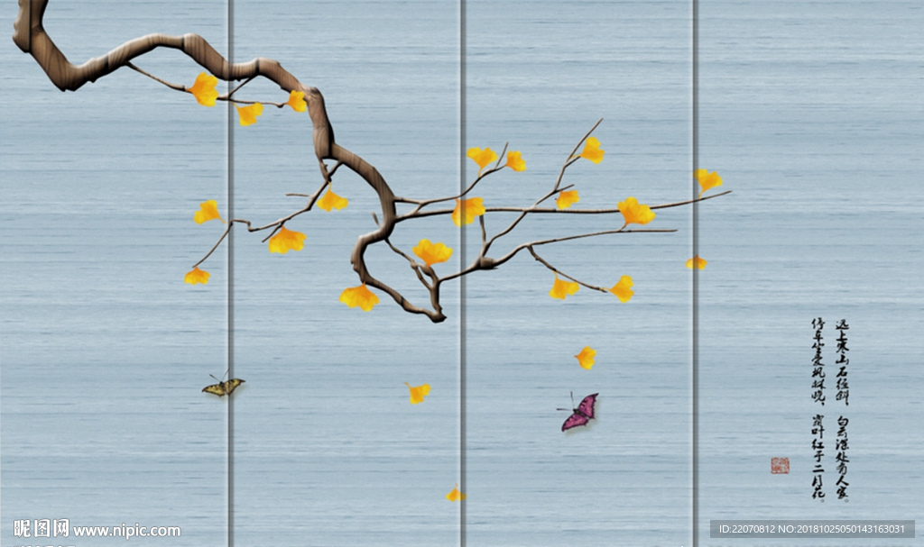 手绘银杏工笔花鸟背景墙