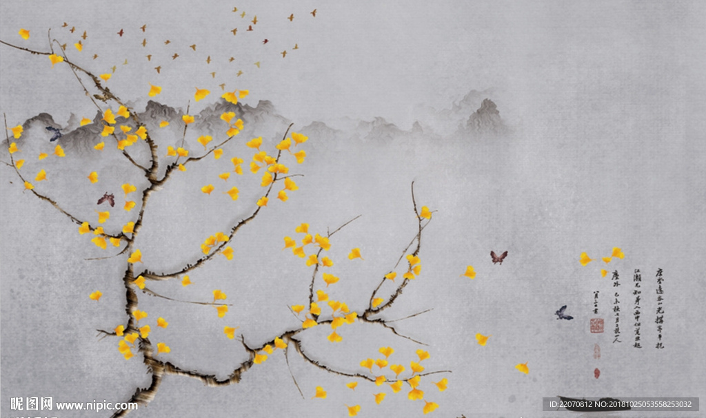 中式手绘银杏工笔花鸟背景墙