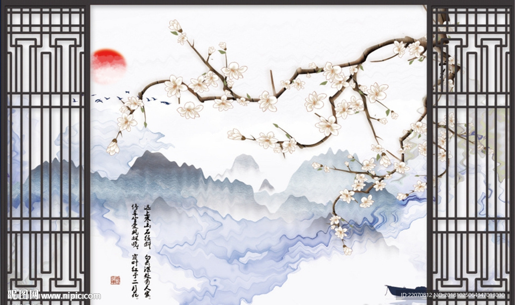 手绘玉兰工笔花鸟背景墙