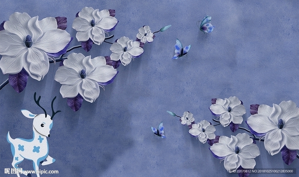 现代浮雕花卉小鹿背景墙
