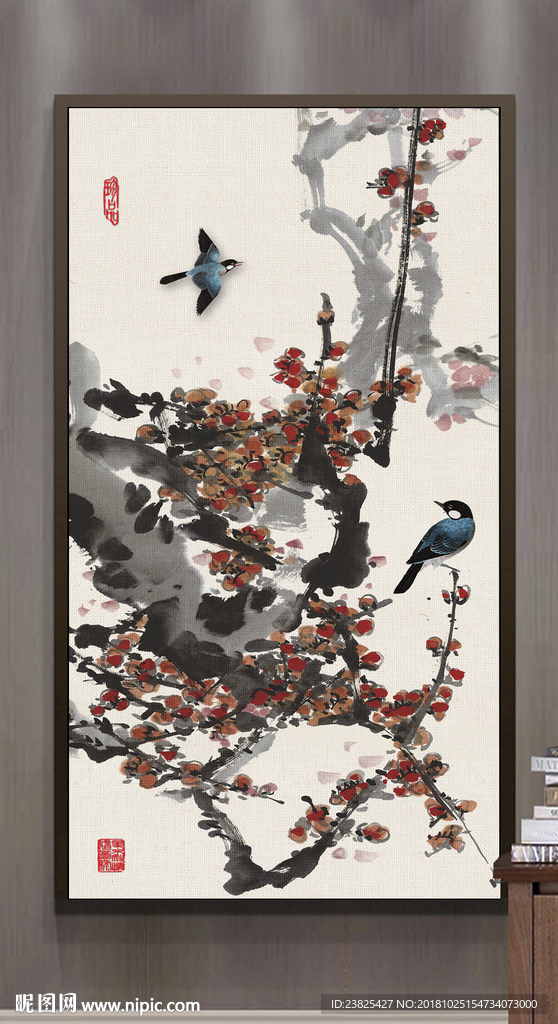 新中式水墨梅花山水玄关背景墙