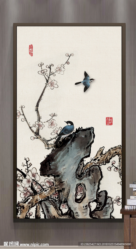 新中式手绘工笔梅花玄关背景墙